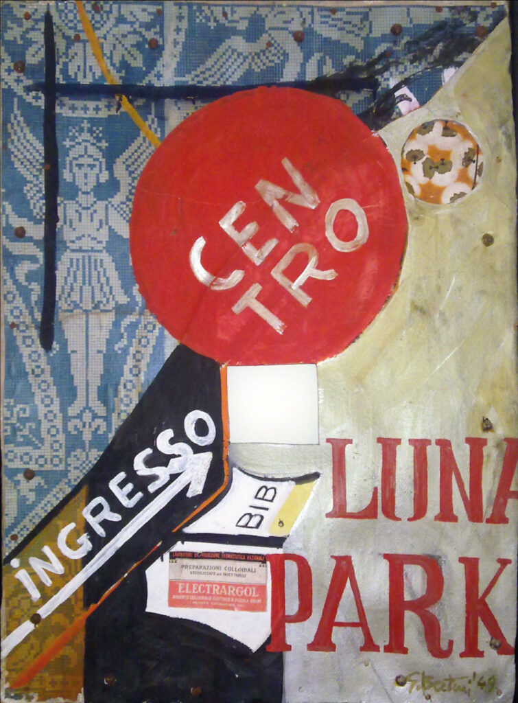 Opera di Bertini, 1949. Luna park, olio, tempera, collage e chiodi su cartone.