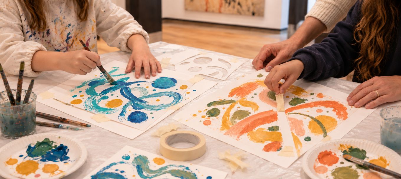 Foto di mani di bambini che dipingono e mani di una adulta che aiutano